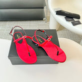 SL CRYSTAL T-STRAP FLAT SANDAL RED SATIN