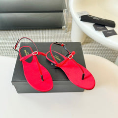 SL CRYSTAL T-STRAP FLAT SANDAL RED SATIN