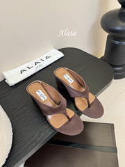 ALAIA WEDGE THONG SANDALS 25S IN BROWN SATIN