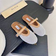 ALAIA FLAT MULES 25S IN WHITE MIX BROWN WOVEN MESH