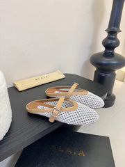 ALAIA FLAT MULES 25S IN WHITE MIX BROWN WOVEN MESH