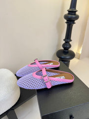 ALAIA FLAT MULES 25S IN PURPLE MIX PINK WOVEN MESH