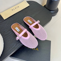 ALAIA FLAT MULES 25S IN BLUSH PINK WOVEN MESH