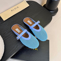 ALAIA FLAT MULES 25S IN BLUE MIX PURPLE WOVEN MESH