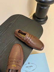 PRADA 25S SHUFFLE LOAFERS IN EARTH BROWN CALFSKIN