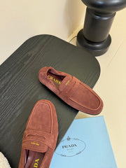 PRADA 25S SHUFFLE LOAFERS IN DARK BROWN SUEDE