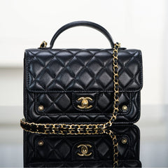 CHANEL 25S TOP HANDLE FLAP 19 CM IN BLACK LAMBSKIN WITH GOLD HARDWARE