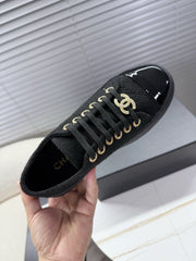 CHANEL 25S TRAINERS BLACK 35MM IN GLITTERED TWEED AND PATENT CALFSKIN