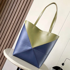 LOEWE 25S PUZZLE FOLD BAG 31 IN OLIVE GREEN AND DARK BLUE SHINY CALFSKIN