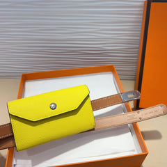 HM KELLY LEMON YELLOW POCKET 18MM BELT CINNAMON BROWN LEATHER SILVER HARDWARE