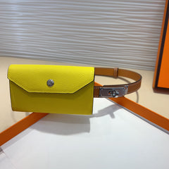 HM KELLY LEMON YELLOW POCKET 18MM BELT CINNAMON BROWN LEATHER SILVER HARDWARE