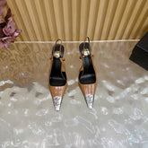 YSL 25S HIGH-HEEL SLINGBACKS 85 MM IN CAMEL BROWN LAMBSKIN AND SILVER HARDWARE