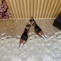 YSL 25S HIGH-HEEL SLINGBACKS 105 MM IN REDWOOD BROWN LAMBSKIN AND SILVER HARDWARE
