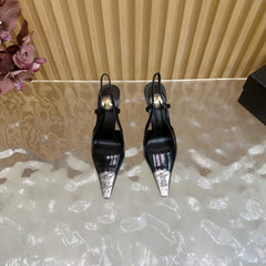 YSL 25S HIGH-HEEL SLINGBACKS 85 MM IN BLACK SHINY LAMBSKIN AND SILVER HARDWARE