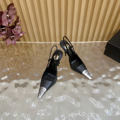 YSL 25S HIGH-HEEL SLINGBACKS 85 MM IN BLACK LAMBSKIN AND SILVER HARDWARE
