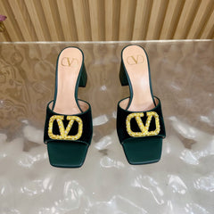VALENTINO 25S HIGH-HEEL MULES 60 MM IN DARK GREEN VELVET AND CALFSKIN WITH GOLD HARDWARE