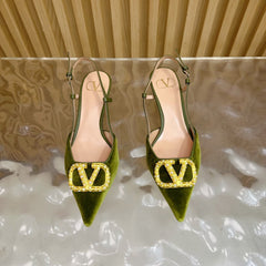 VALENTINO 25S HIGH-HEEL SLINGBACKS IN MOSS GREEN VELVET WITH GOLD HARDWARE