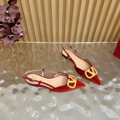 VALENTINO 25S FLAT SLINGBACKS IN RED VELVET WITH GOLD HARDWARE