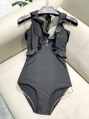 CC BIKINI SWIMSUIT SET BLACK AND RUFFLED TRIM 622180