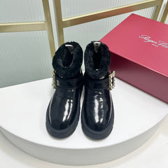 VIV’ WINTER FUR STRASS BUCKLE ANKLE BOOTS IN BLACK PATENT CALFSKIN