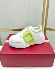 VIV' SKATE SNEAKERS IN WHITE CALFSKIN LIGHT NEON GREEN GLITTER STRAP AND CRYSTAL BUCKLE