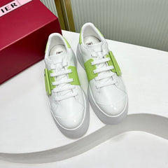 VIV' SKATE SNEAKERS IN WHITE CALFSKIN LIGHT NEON GREEN GLITTER STRAP AND CRYSTAL BUCKLE