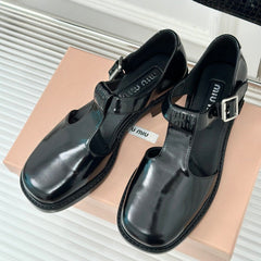 Square Toe Thick Heel Retro Mary Jane Shoes Black Calfskin