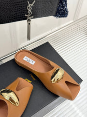 ALAIA FLAT MULE IN BRONZE BROWN LAMBSKIN WITH GOLD HARDWARE
