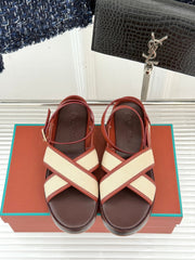 SANDALS THICK SOLE CROSS STRAP IN BEIGE FABRIC AND ORANGE CALFSKIN