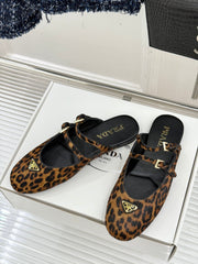 PRADA 25S DUAL MARY JANE BALLERINA MULES IN LEOPARD PRINT PONY HAIR