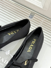 PRADA 25S DOUBLE STRAP BALLERINAS IN BLACK SATIN