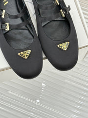 PRADA 25S DOUBLE STRAP BALLERINAS IN BLACK SATIN