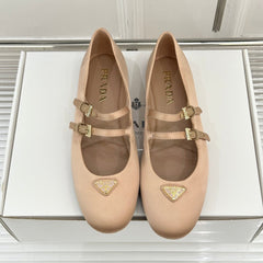 PRADA 25S DOUBLE STRAP BALLERINAS IN NUDE SATIN