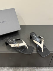 BALENCIAGA 25S HIGH-HEELED FLIP-FLOPS IN WHITE MIX BLACK CALFSKIN WITH SILVER HARDWARE