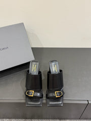 BALENCIAGA 25S HIGH-HEELED SANDALS IN BLACK CALFSKIN WITH GOLD HARDWARE