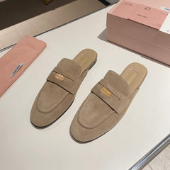 MULES SLIPPERS KHAKI COLOR SUEDE WITH GOLD COIN