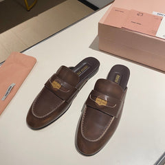 MULES SLIPPERS CHOCOLATE COLOR COWHIDE WITH GOLD COIN