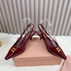 POINTED-TOE SLINGBACK IN WINE RED GLOSSY CALFSKIN