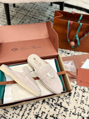Loro Piana Light Grey White Suede Charms Walk Flat Mules