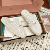 Loro Piana Grey White Suede Charms Walk Flat Mules
