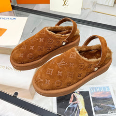 LV WOMEN'S COSY FLAT COMFORT CLOGS IN RUSSET BROWN MONOGRAM SUEDE