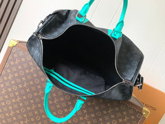 LV 25S KEEPALL 50 WITH SHOULDER STRAP IN BLACK AQUA COATED MONOGRAM ECLIPSE CANVAS AND CALFSKIN
