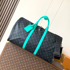 LV 25S KEEPALL 50 WITH SHOULDER STRAP IN BLACK AQUA COATED MONOGRAM ECLIPSE CANVAS AND CALFSKIN