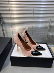 ALAIA HIGH PUMPS 10CM IN ALMOND BEIGE SUEDE MIX BLACK CALFSKIN