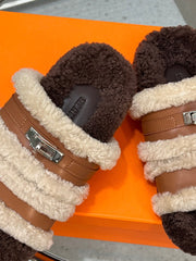 HM 25S SANDAL IN BEIGE WOOL AND BROWN LAMBSKIN WITH SILVER HARDWARE