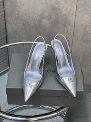 BALENCIAGA 25S HIGH-HEEL SLINGBACK 85 MM IN SILVER COW LEATHER