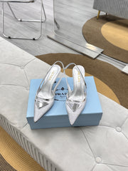 PRADA 25S TRIANGLE LOGO SLINGBACK PUMPS IN SILVER MESH FABRIC