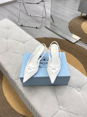 PRADA 25S TRIANGLE LOGO SLINGBACK PUMPS IN WHITE MESH FABRIC