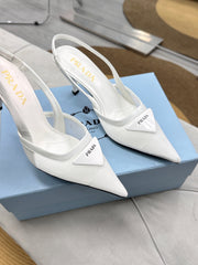 PRADA 25S TRIANGLE LOGO SLINGBACK PUMPS IN WHITE MESH FABRIC