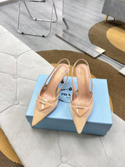 PRADA 25S TRIANGLE LOGO SLINGBACK PUMPS IN BEIGE MESH FABRIC